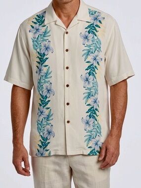 WTF 100% Silk Ivory Cream Men’s Tropical Hawaiian Button Down Shirt • XXL